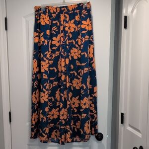 Navy and Orange Floral Maxi Skirt - Elastic Waist